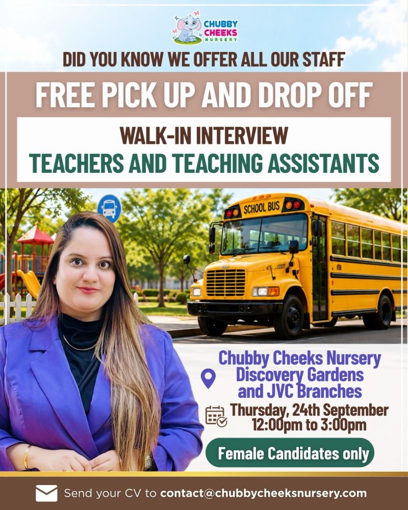 π Walk-In Interview - Chubby Cheeks Nursery Hiring Teachers and Teaching Assistants β Dubai - Walk-In Interview Flyer