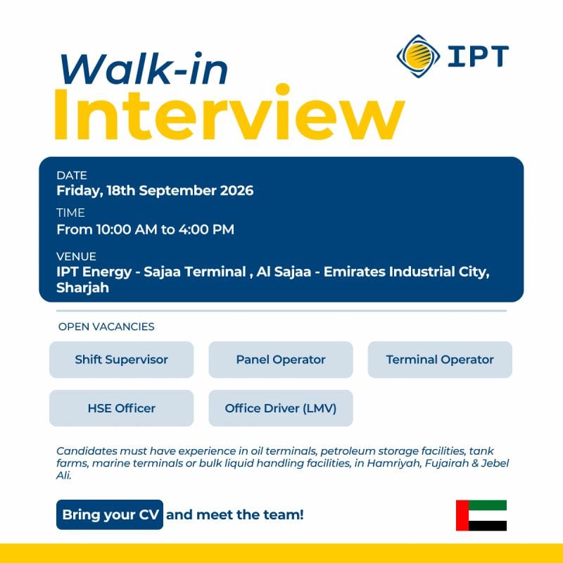 📍 Walk-In Interview - IPT Energy Hiring Shift Supervisor and Other Roles – Sharjah - Walk-In Interview Flyer
