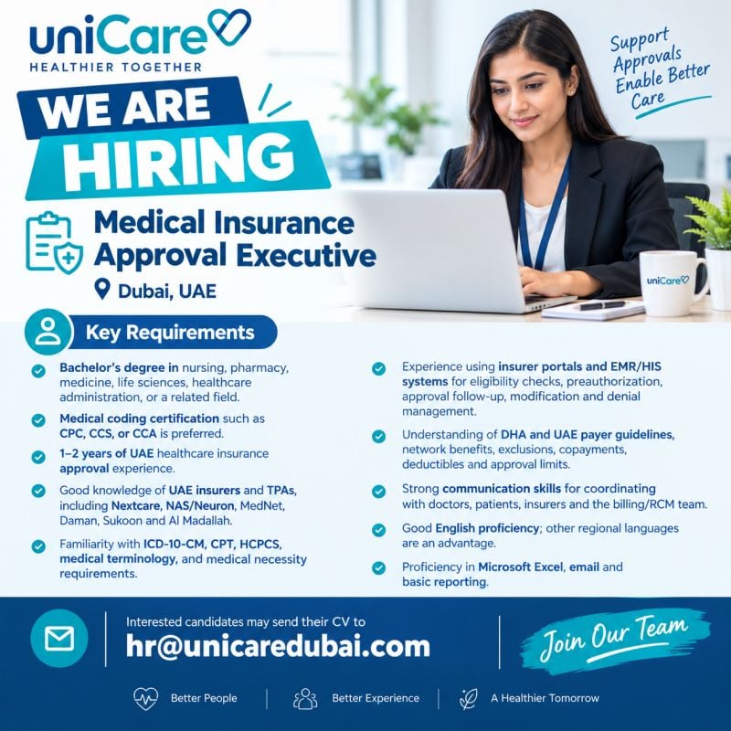 UniCare Hiring Medical Insurance Approval Executives – Dubai - Flyer