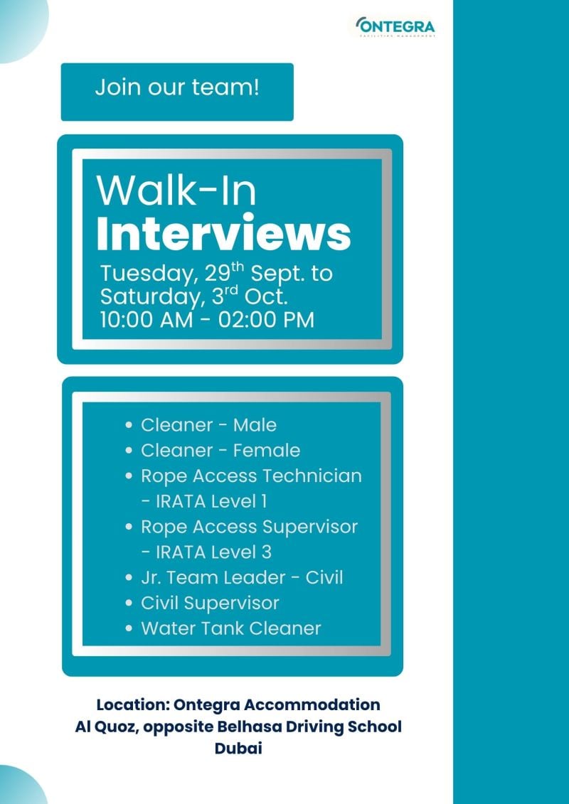 📍 Walk-In Interview - Ontegra Hiring Cleaners and Technicians – Dubai - Walk-In Interview Flyer