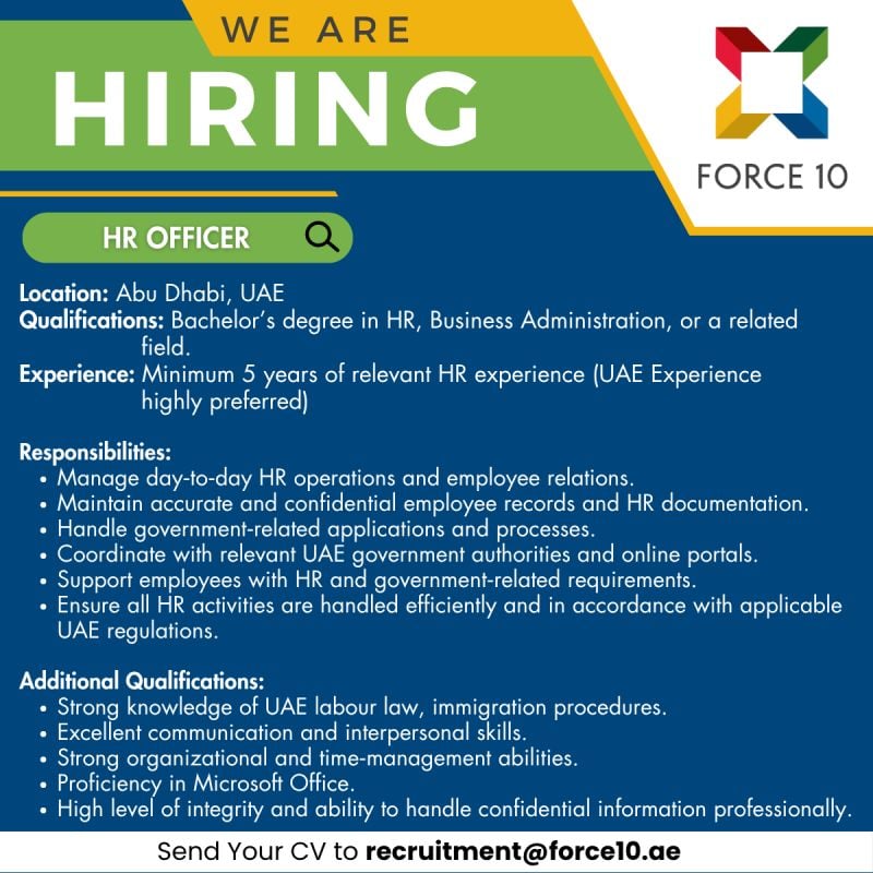 Force 10 Hiring HR Officers – Abu Dhabi, UAE - Flyer