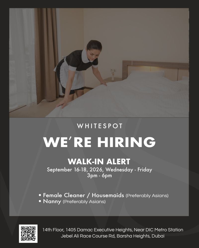 📍 Walk-In Interview - Whitespot Hiring Cleaners and Nannies – Dubai - Walk-In Interview Flyer