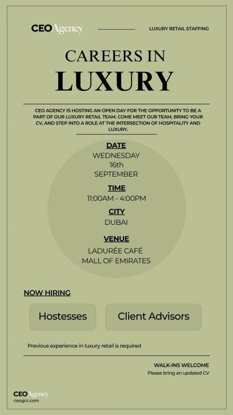📍 Walk-In Interview - CEO Agency Hiring Hostesses and Client Advisors – Dubai - Walk-In Interview Flyer