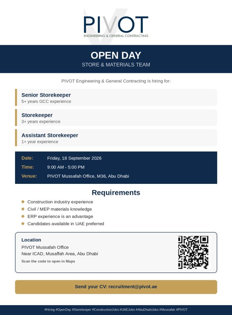 π Walk-In Interview - PIVOT Engineering and General Contracting Hiring Storekeepers β Abu Dhabi - Walk-In Interview Flyer