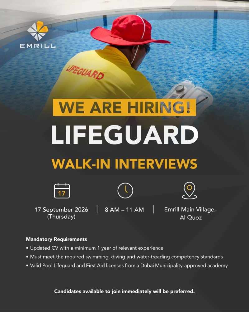 π Walk-In Interview - Emrill Hiring Lifeguards β Dubai - Walk-In Interview Flyer