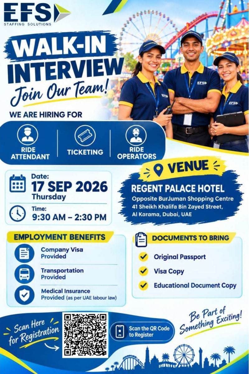 📍 Walk-In Interview - EFS Staffing Solutions Hiring Ride Attendants – Dubai - Walk-In Interview Flyer