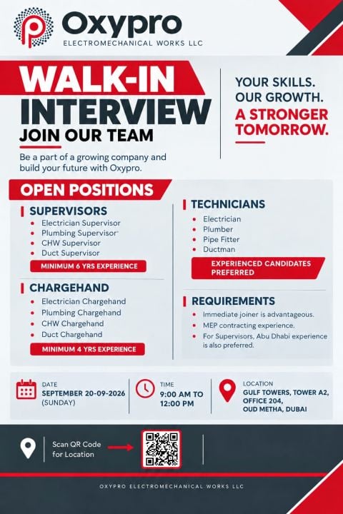 📍 Walk-In Interview - Oxypro Electromechanical Works Hiring Supervisors and Technicians – Dubai - Walk-In Interview Flyer