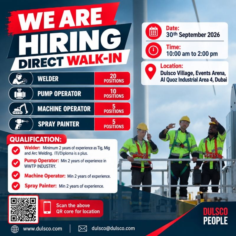 📍 Walk-In Interview - Dulsco Hiring Welder and Machine Operator Jobs – Dubai - Walk-In Interview Flyer