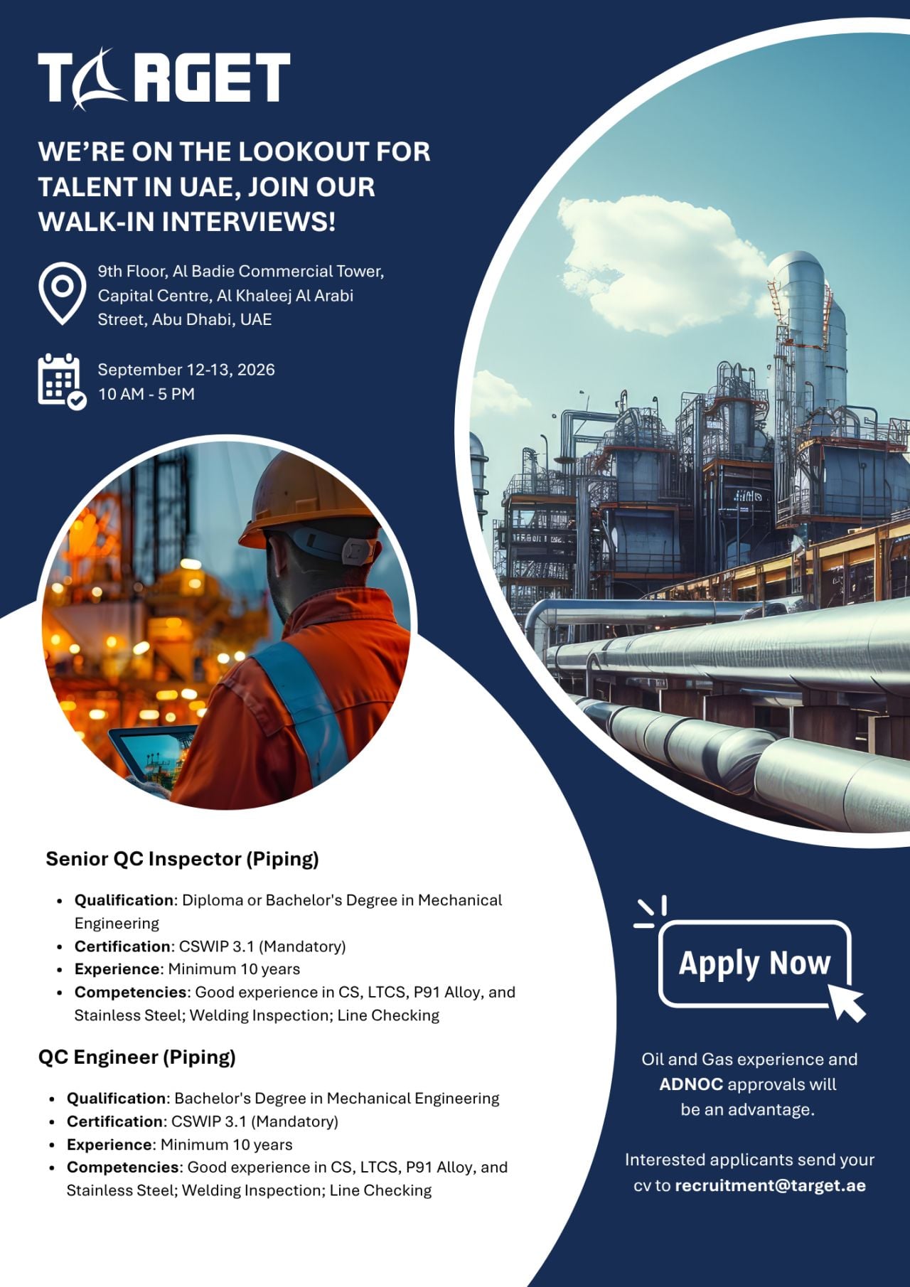 📍 Walk-In Interview - Target Engineering Hiring Senior QC Inspectors and QC Engineers – Abu Dhabi - Walk-In Interview Flyer