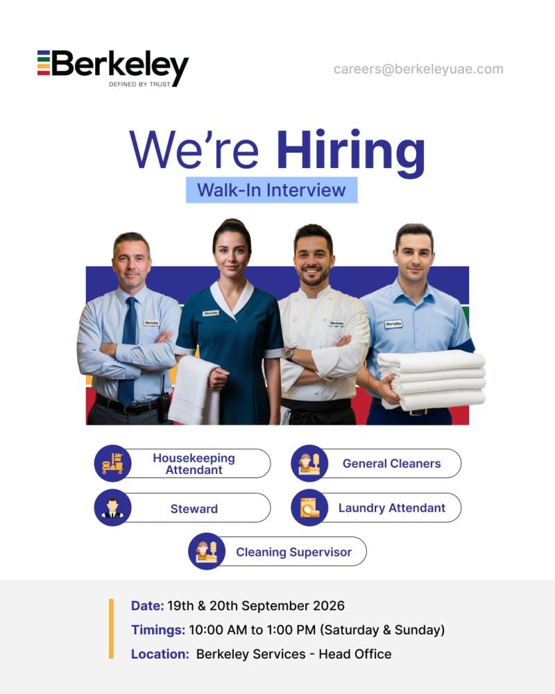 π Walk-In Interview - Berkeley Services Hiring Multiple Positions β Dubai - Walk-In Interview Flyer
