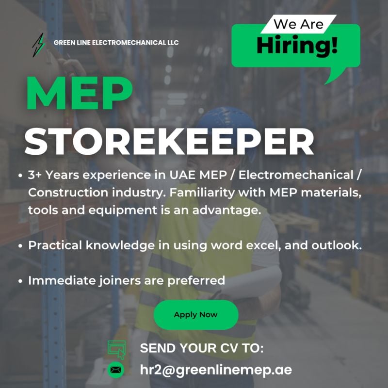 Green Line Electromechanical LLC Hiring MEP Storekeeper – UAE - Flyer