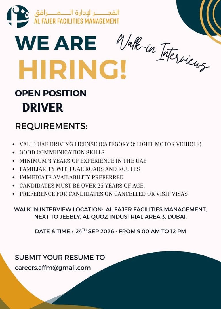 π Walk-In Interview - Al Fajer Facilities Management Hiring Driver β Dubai - Walk-In Interview Flyer