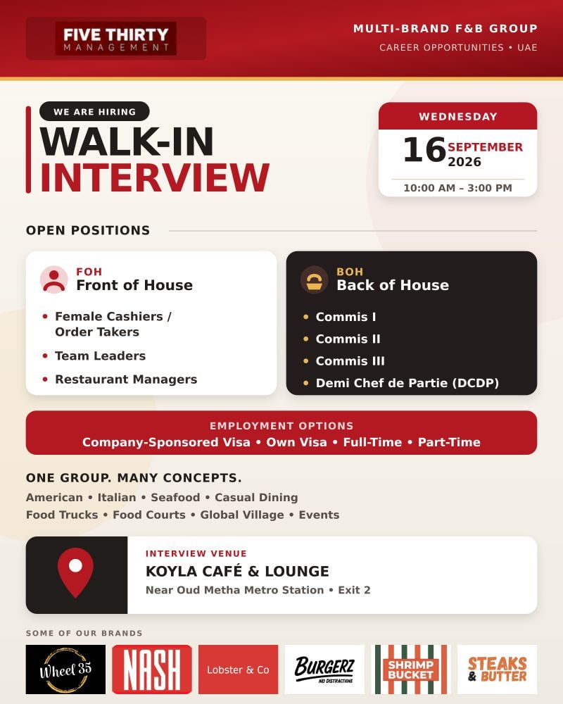 📍 Walk-In Interview - Five Thirty Management Hiring Restaurant Staff Vacancy in Dubai - Walk-In Interview Flyer