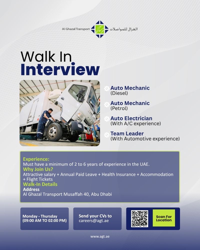📍 Walk-In Interview - Al Ghazal Transport Hiring Auto Mechanics – Abu Dhabi - Walk-In Interview Flyer