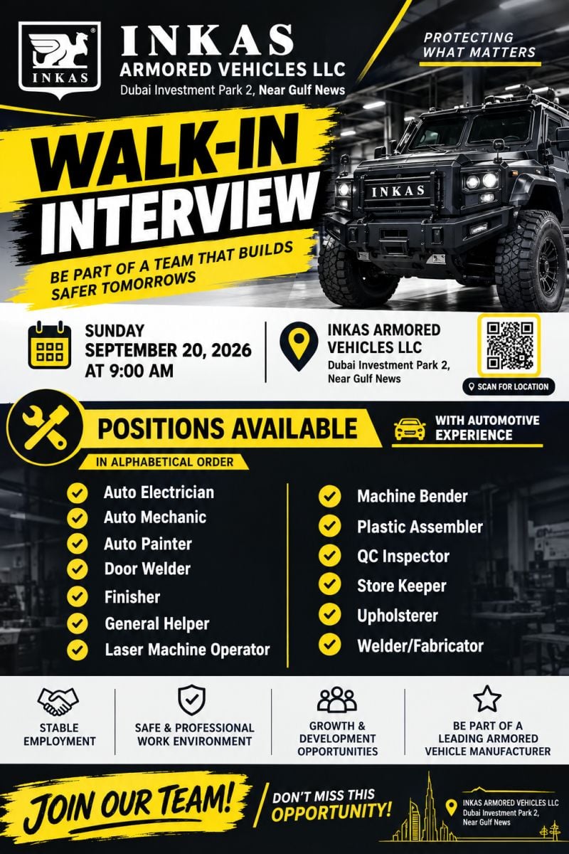 📍 Walk-In Interview - Inkas Armored Vehicles LLC Hiring Multiple Technicians and Mechanics – Dubai - Walk-In Interview Flyer