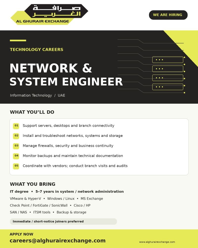 Al Ghurair Exchange Hiring Network and System Engineers – UAE - Flyer