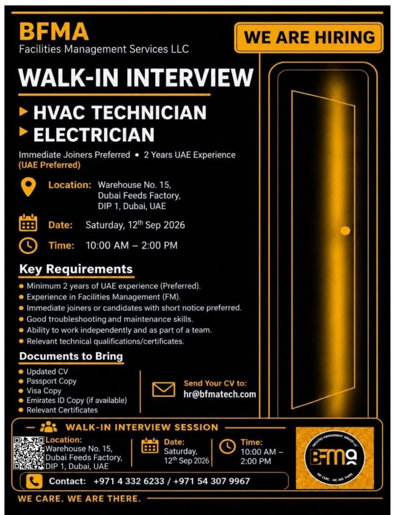 π Walk-In Interview - BFMA Facilities Management Services Hiring HVAC Technicians and Electricians β Dubai - Walk-In Interview Flyer