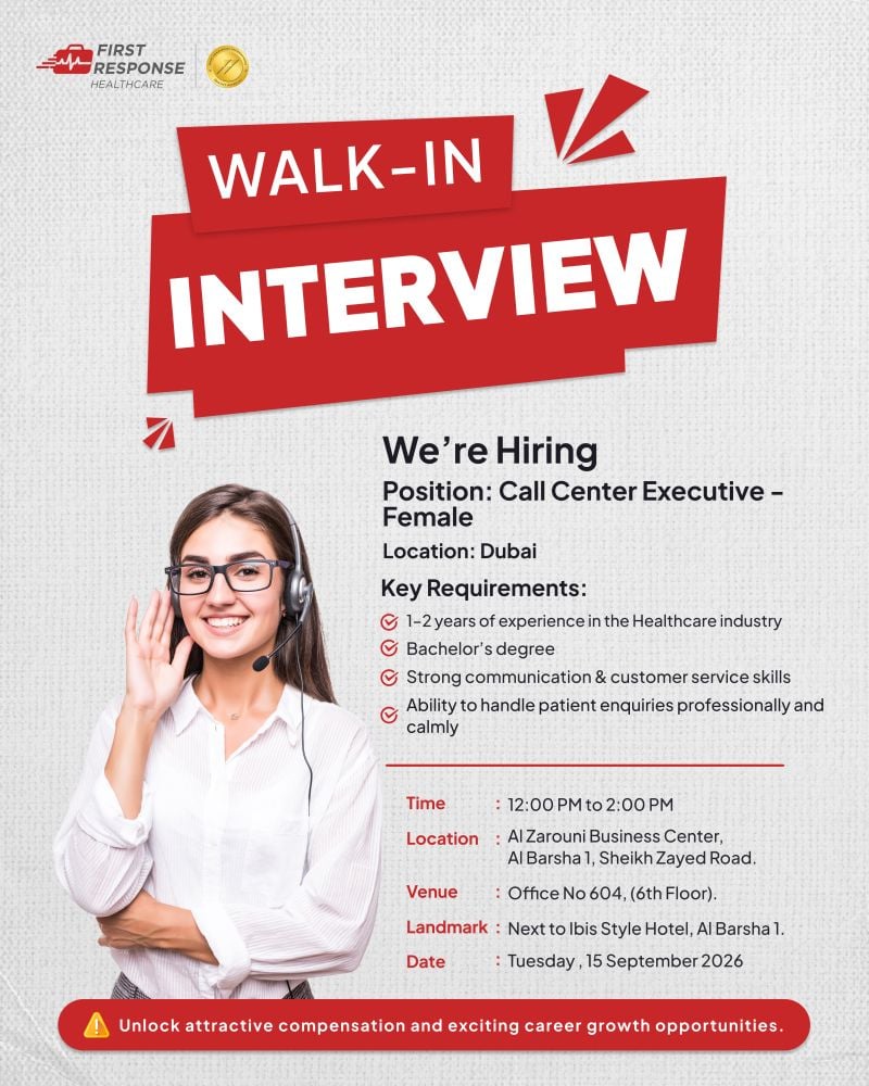 π Walk-In Interview - First Response Healthcare Hiring Call Center Executive β Dubai - Walk-In Interview Flyer
