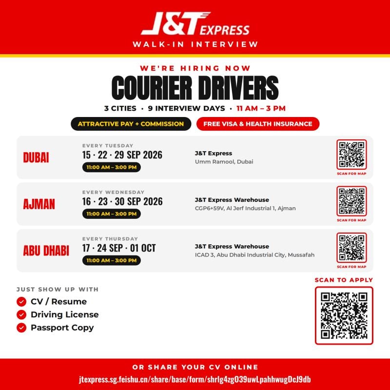 π Walk-In Interview - J&T Express Hiring Courier Drivers β Dubai, Ajman, Abu Dhabi - Walk-In Interview Flyer