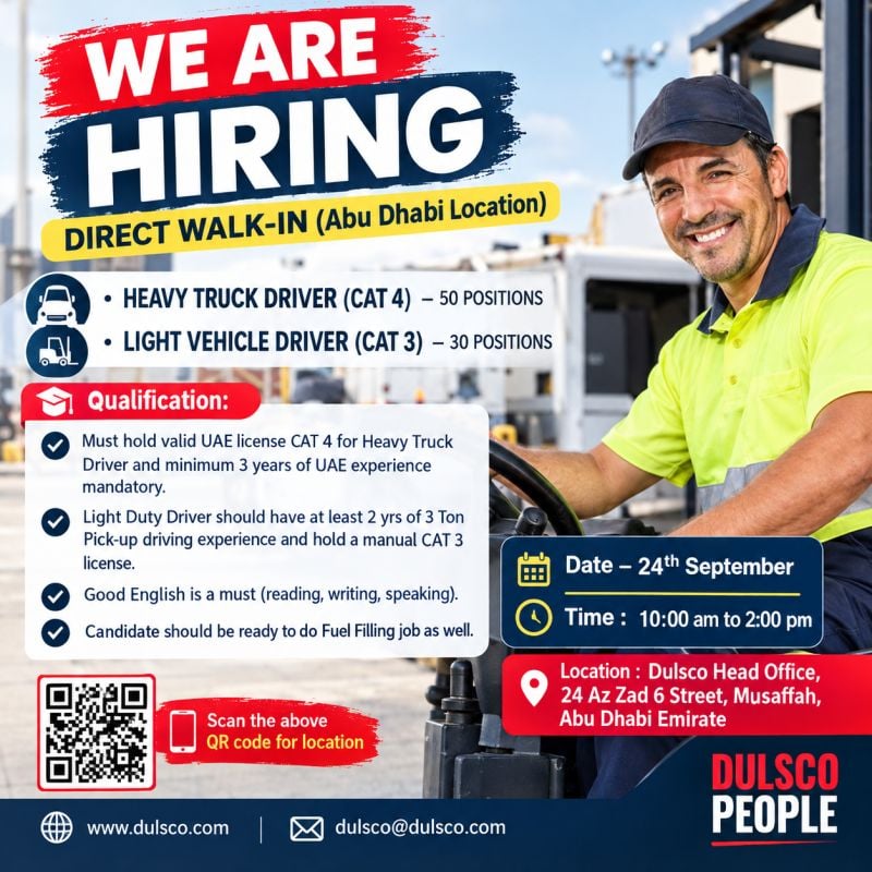 π Walk-In Interview - Dulsco People Hiring Heavy Truck Driver & Light Vehicle Driver β Abu Dhabi - Walk-In Interview Flyer