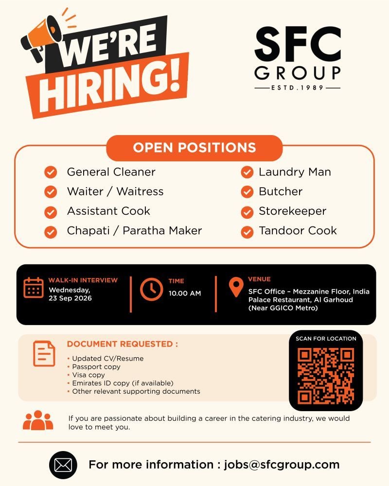 📍 Walk-In Interview - SFC Group Hiring Multiple Catering & Hospitality Positions – Dubai - Walk-In Interview Flyer