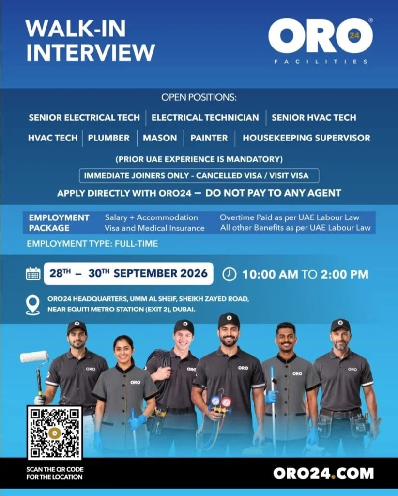 π Walk-In Interview - Oro24 Facilities Hiring Technical Staff β Dubai - Walk-In Interview Flyer