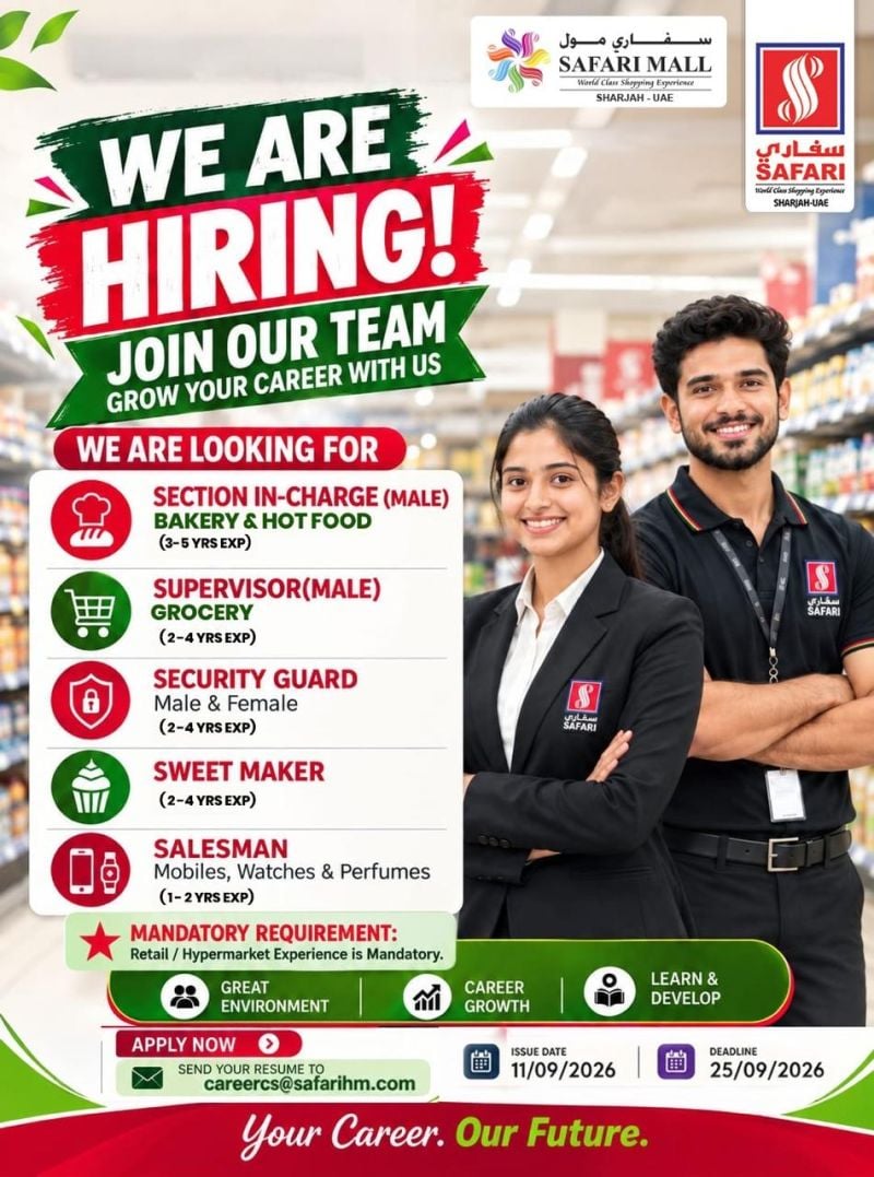 Safari Mall Hiring Multiple Positions – Sharjah - Flyer