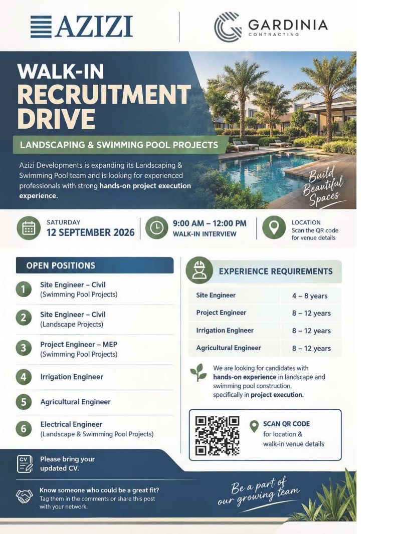 π Walk-In Interview - Azizi Developments Hiring Site Engineers and Project Engineers β UAE - Walk-In Interview Flyer