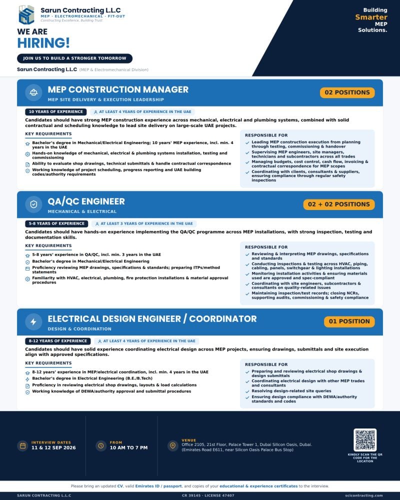 π Walk-In Interview - Sarun Contracting Hiring MEP Construction Managers β Dubai - Walk-In Interview Flyer