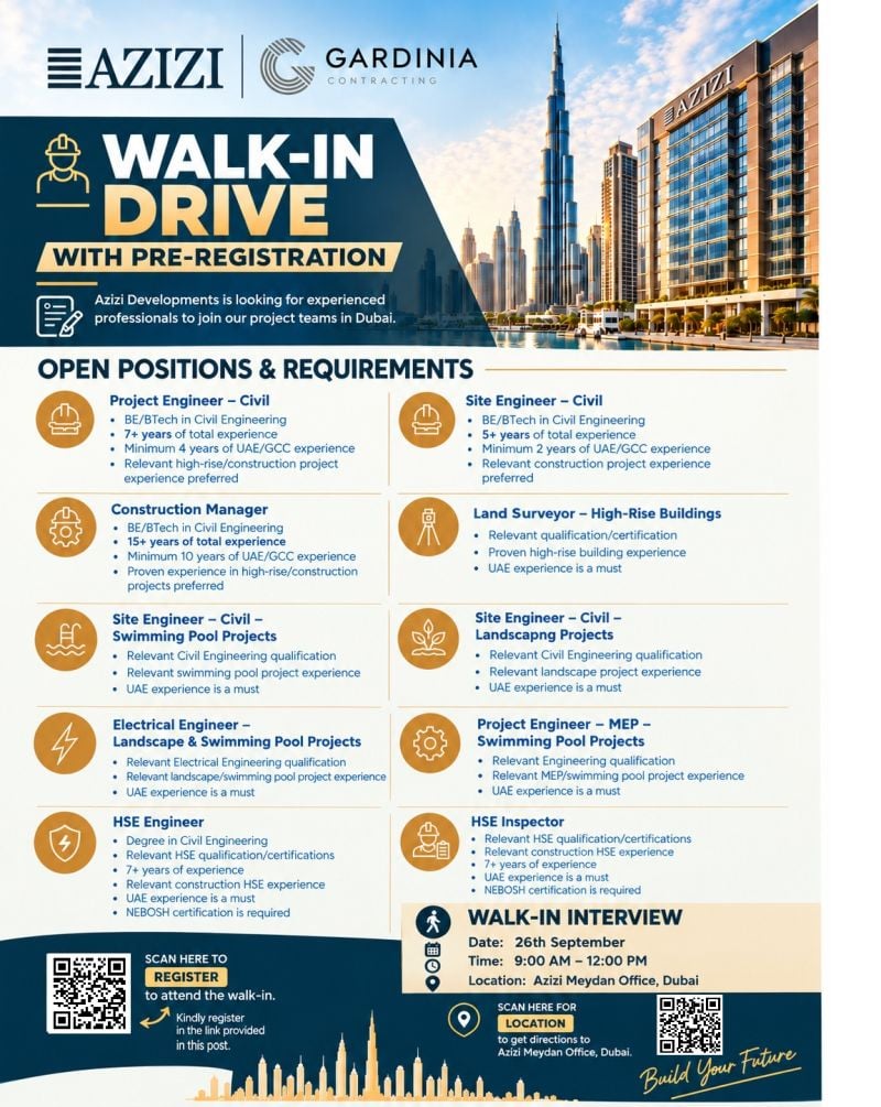📍 Walk-In Interview - Azizi Developments Hiring Civil and MEP Engineers – Dubai - Walk-In Interview Flyer