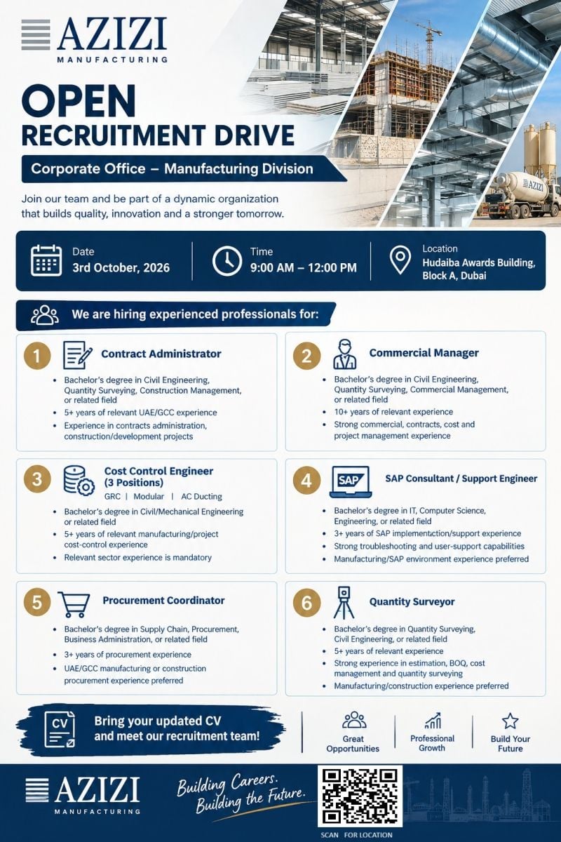 📍 Walk-In Interview - Azizi Manufacturing Hiring Experienced Professionals – Dubai - Walk-In Interview Flyer