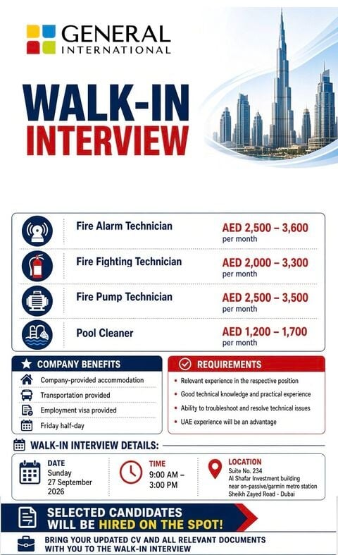 📍 Walk-In Interview - General International Hiring Technicians – Dubai - Walk-In Interview Flyer