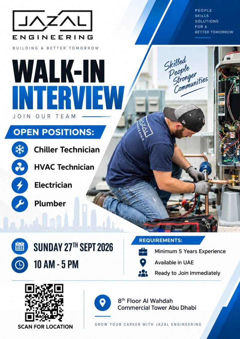 π Walk-In Interview - Jazal Engineering Hiring HVAC Technicians β Abu Dhabi - Walk-In Interview Flyer