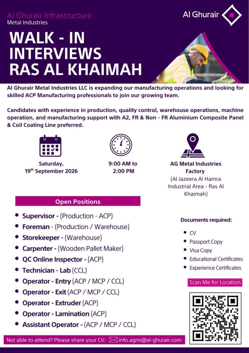 📍 Walk-In Interview - Al Ghair Metal Industries Hiring Production Supervisors – Ras Al Khaimah - Walk-In Interview Flyer