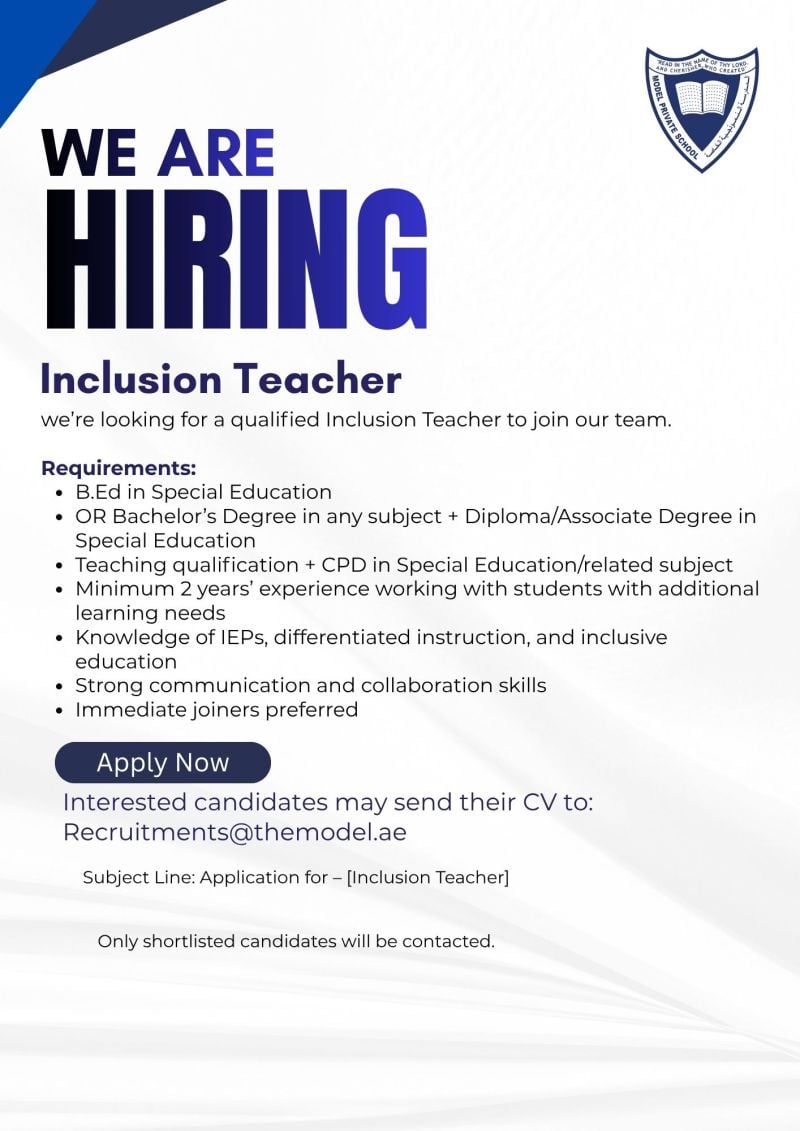 Inclusion Teacher Vacancy in Dubai - Flyer