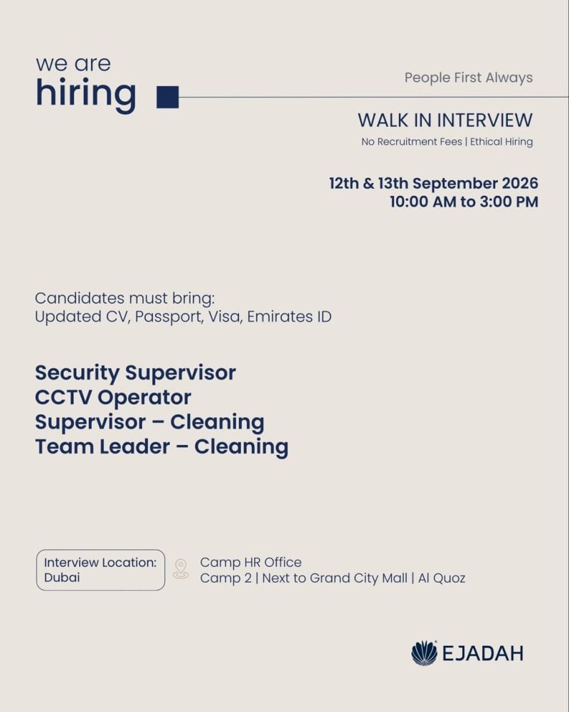 📍 Walk-In Interview - Ejadahn Hiring Security and Cleaning Supervisors – Dubai - Walk-In Interview Flyer
