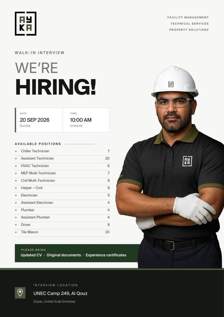 📍 Walk-In Interview - Ayka Hiring Technicians and Masons – Dubai - Walk-In Interview Flyer