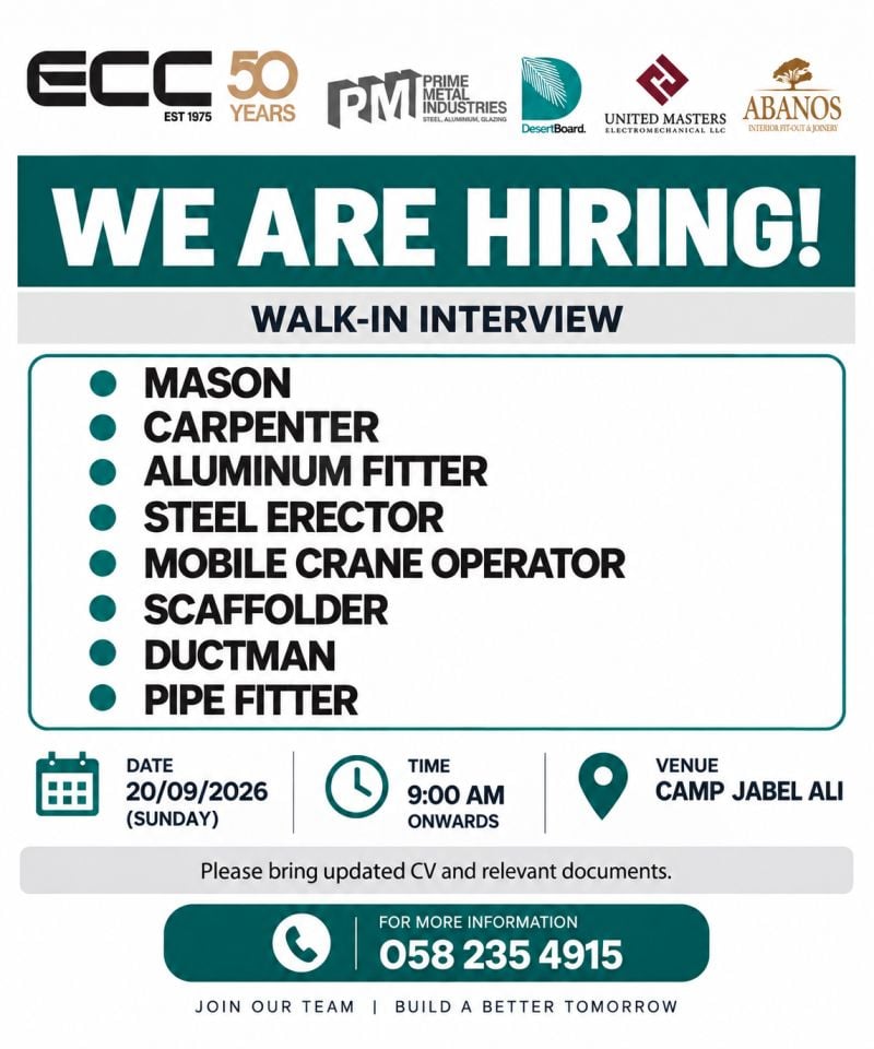 📍 Walk-In Interview - ECC Hiring Construction Workers – Jebel Ali, Dubai - Walk-In Interview Flyer