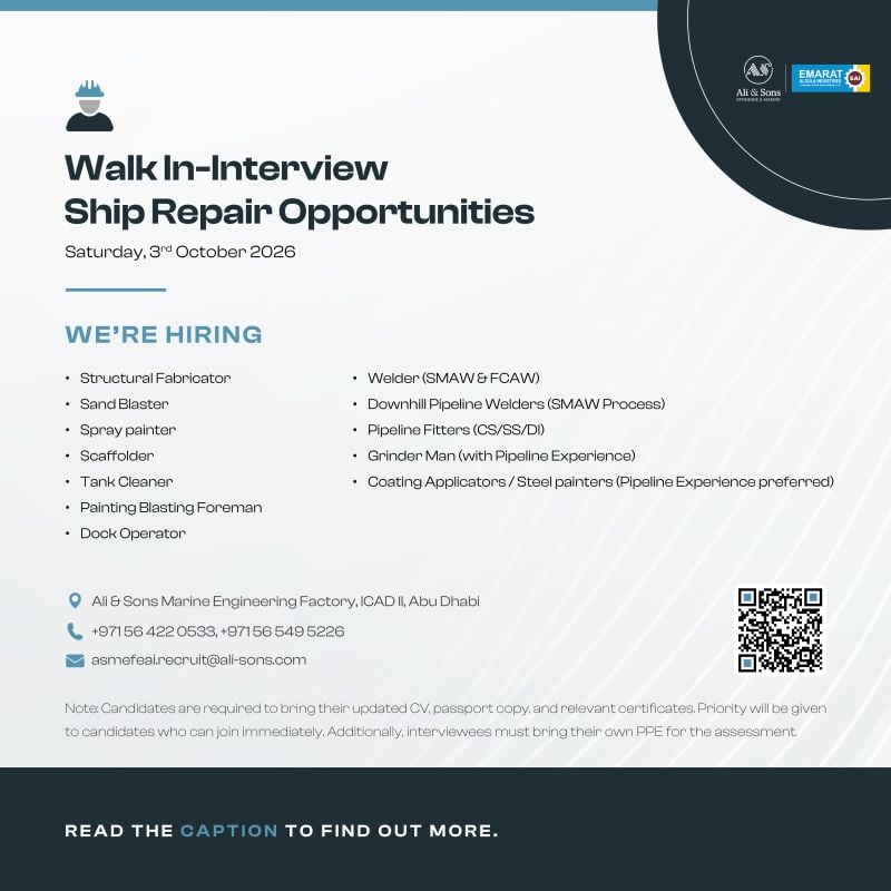 π Walk-In Interview - Ali & Sons Marine Engineering Factory Hiring Ship Repair Opportunities β Abu Dhabi - Walk-In Interview Flyer