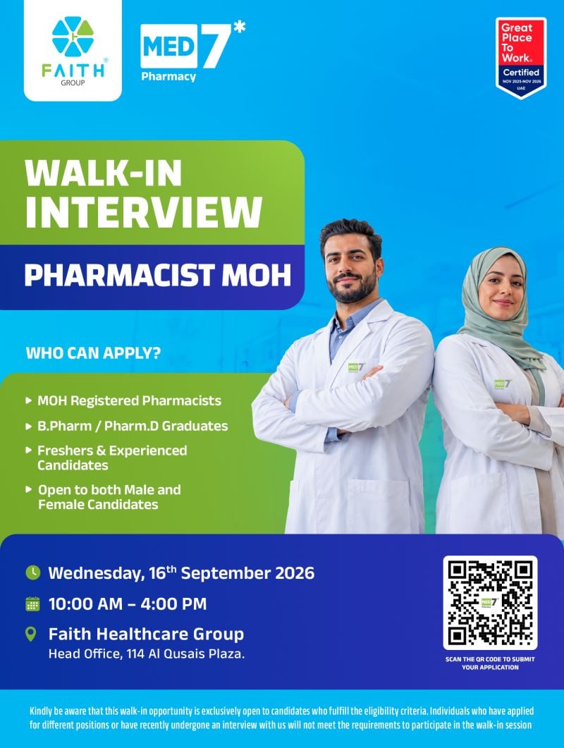 📍 Walk-In Interview - Faith Healthcare Group Hiring Pharmacist MOH – Dubai - Walk-In Interview Flyer