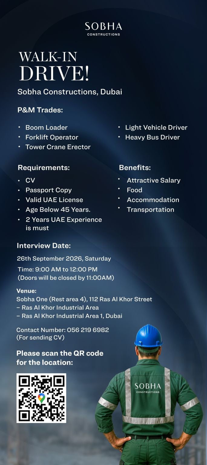 📍 Walk-In Interview - Sobha Constructions Hiring Drivers – Dubai - Walk-In Interview Flyer