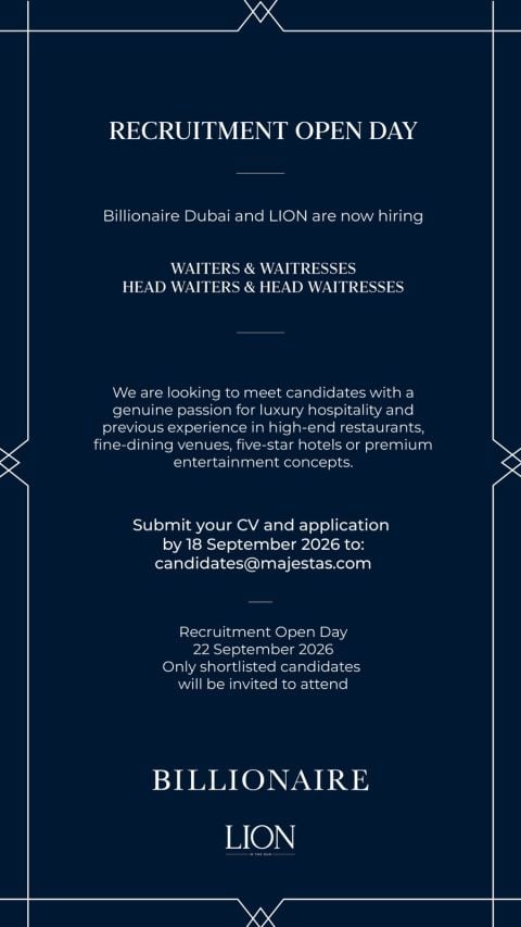 📍 Walk-In Interview - Billionaire Dubai Hiring Waiters and Waitresses - Walk-In Interview Flyer