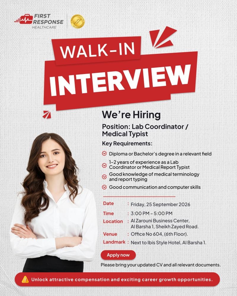 π Walk-In Interview - First Response Healthcare Hiring Lab Coordinator and Medical Typist β Dubai - Walk-In Interview Flyer