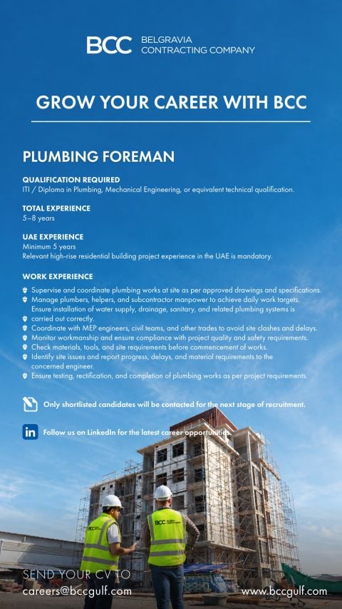 Belgravia Contracting Company Hiring Plumbing Foreman - Flyer