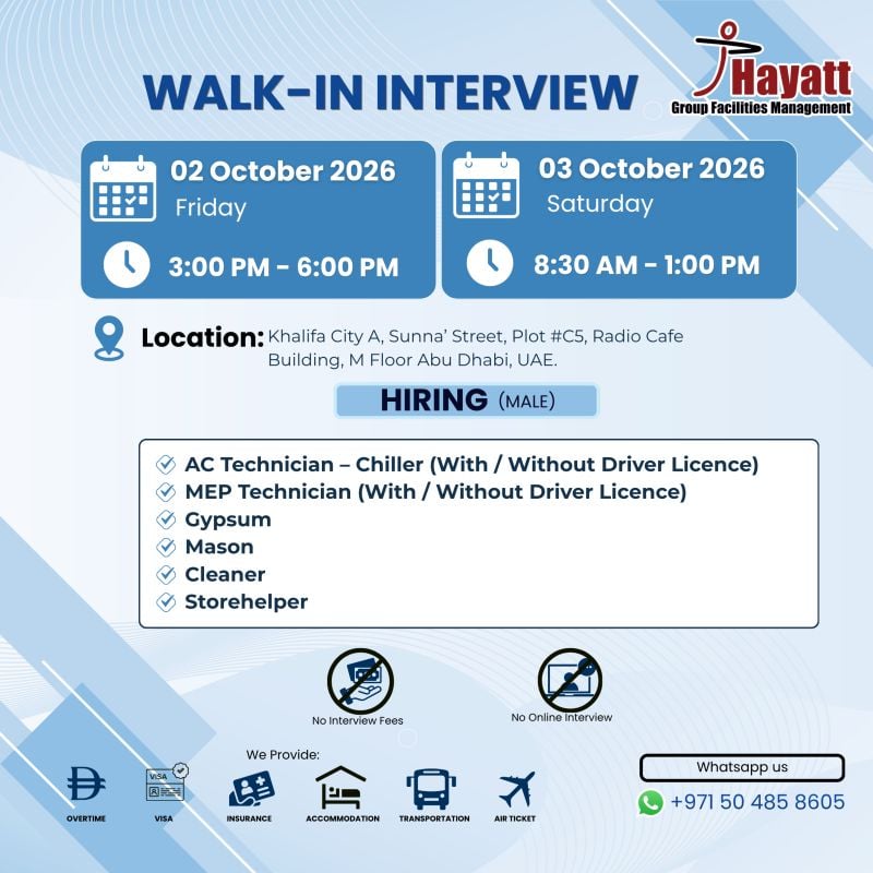 📍 Walk-In Interview - Hayatt Group Hiring MEP Technicians and Cleaners – Abu Dhabi - Walk-In Interview Flyer