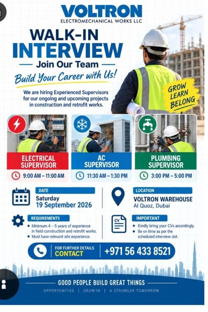 π Walk-In Interview - Voltron Electromechanical Works Hiring Supervisors β Dubai - Walk-In Interview Flyer