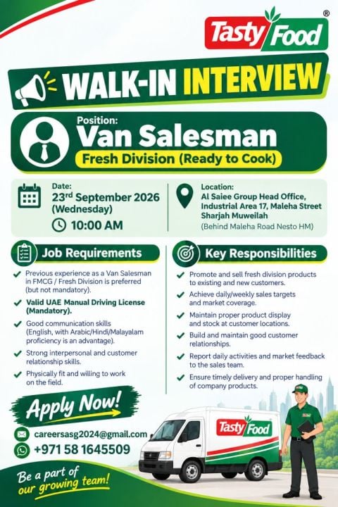 π Walk-In Interview - Tasty Food Hiring Van Salesmen β Sharjah - Walk-In Interview Flyer