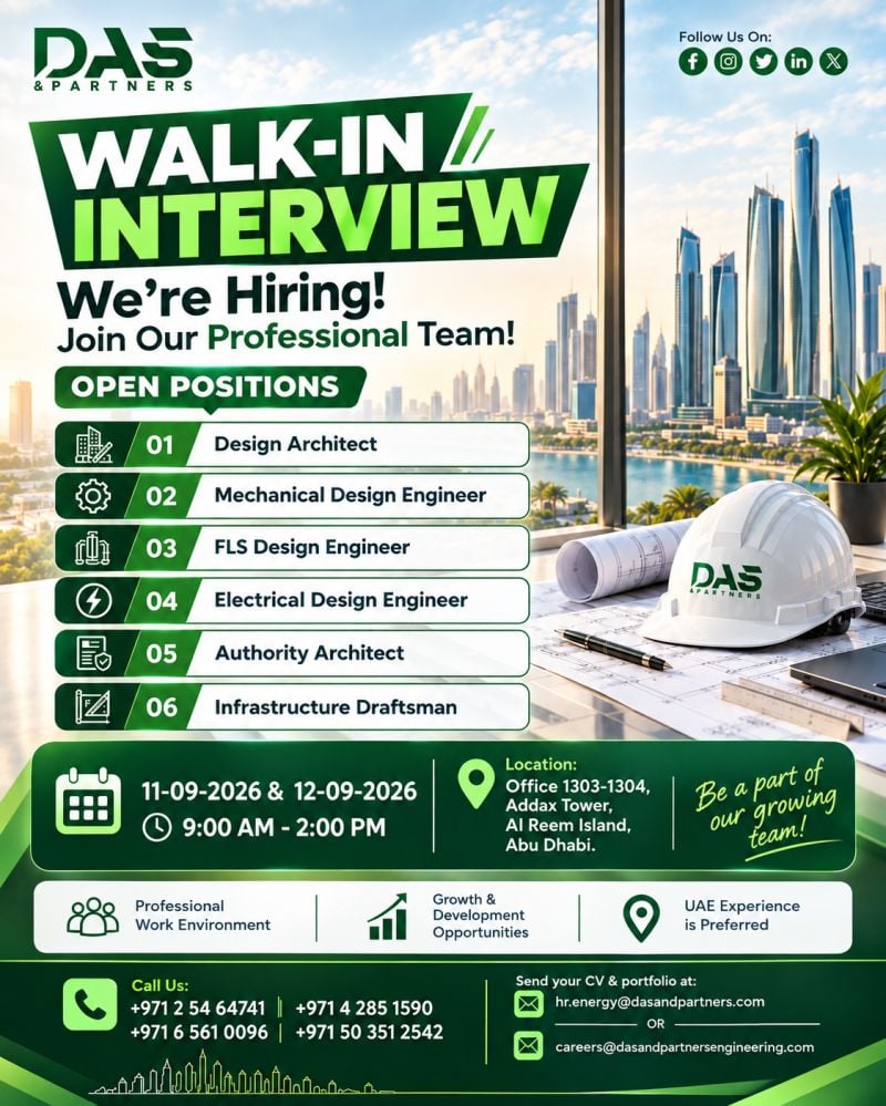 π Walk-In Interview - DAS & Partners Hiring Multiple Engineering Positions β Abu Dhabi - Walk-In Interview Flyer