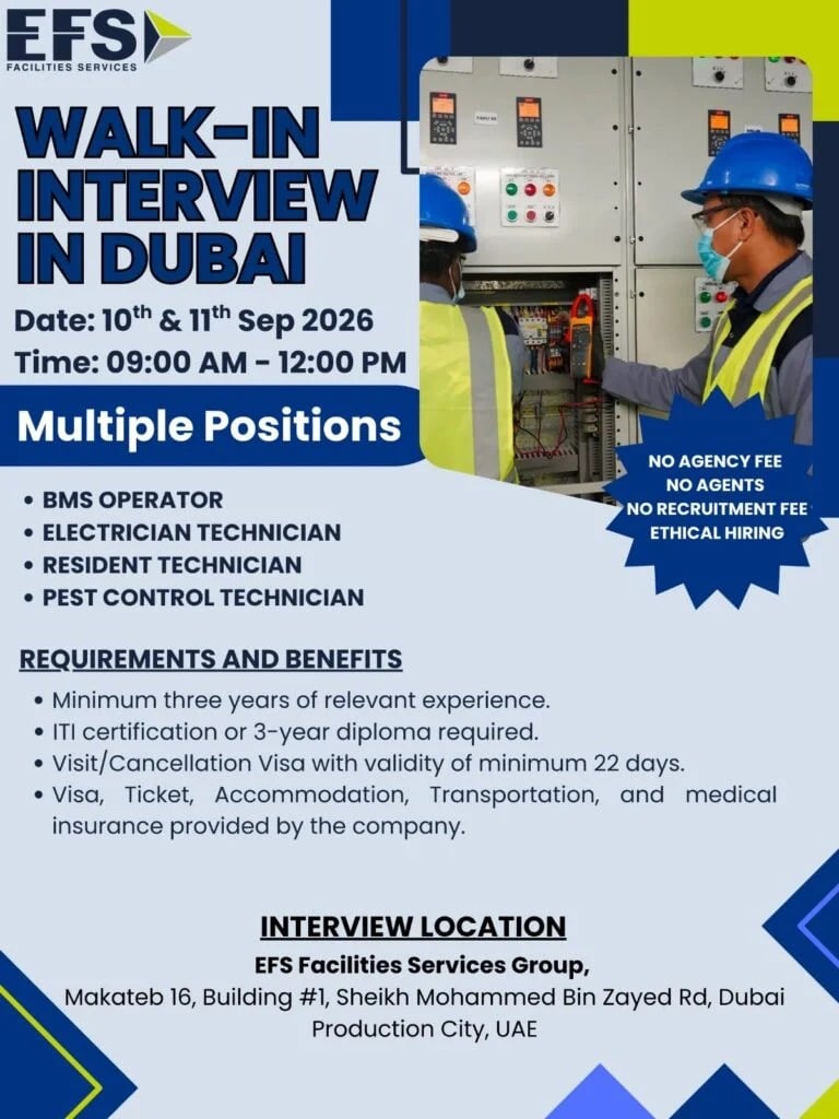 π Walk-In Interview - EFS Facilities Services Hiring Technicians and Operators β Dubai - Walk-In Interview Flyer