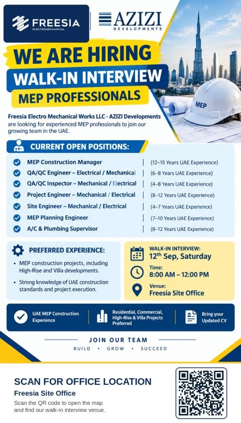 📍 Walk-In Interview - Freesia Electro Mechanical Works Hiring MEP Professionals – Dubai - Walk-In Interview Flyer